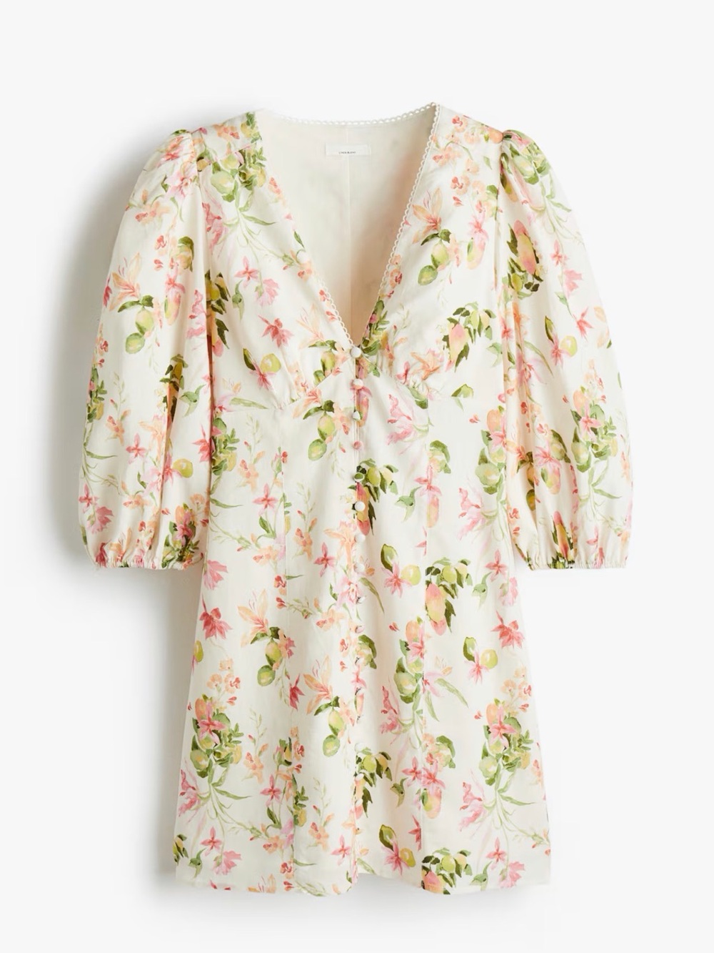 H&M linen Cream Floral Short Dress with Pink and Green Print
